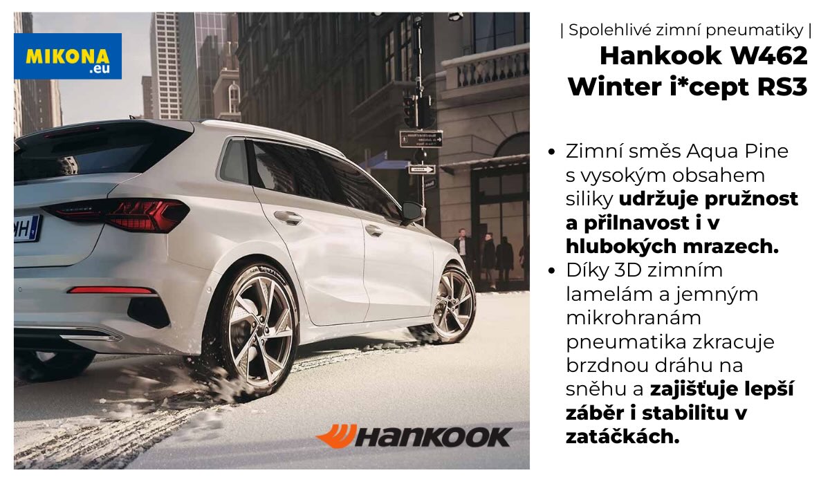 Detail dezénu zimní pneumatiky Hankook W462 Winter i*cept RS3 se 3D lamelami a směsí pro jistý záběr v zimě.